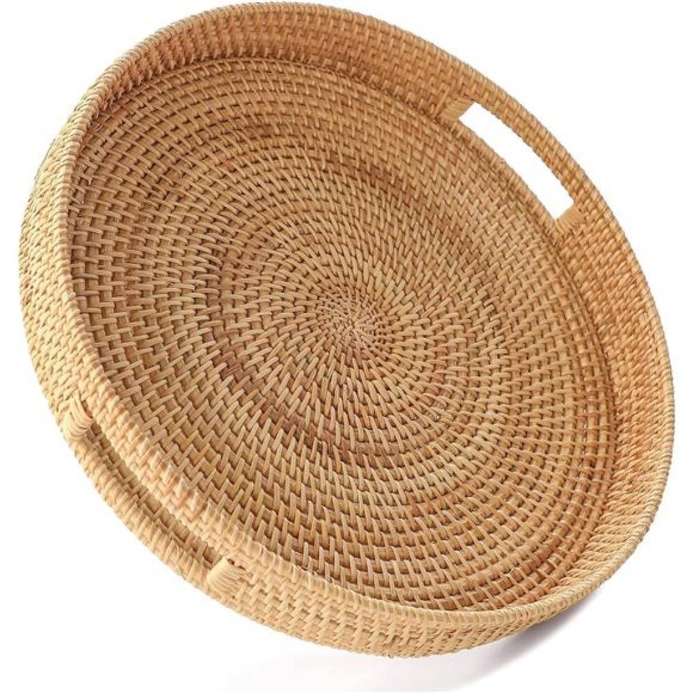 11.8'' Hand-Woven Round Rattan Serving Tray Decorative Wicker Trays